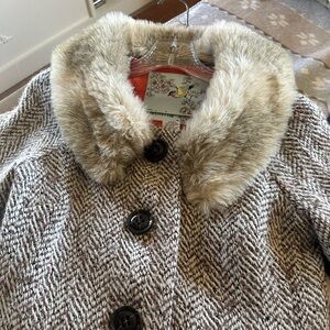Anthropologie/Tabitha Herringbone Wool Blend Coat w/faux fur collar